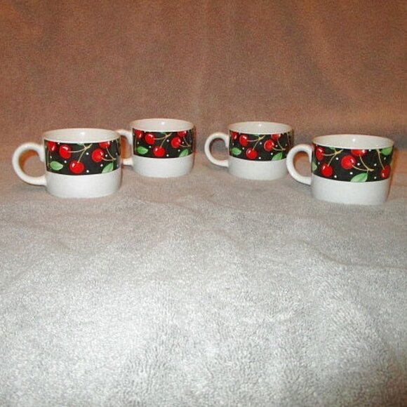 SET OF 4 Mary Engelbreit MUGS Polka Dot CHERRIES Cup SAKURA Stoneware 1994 VTG - Picture 1 of 8